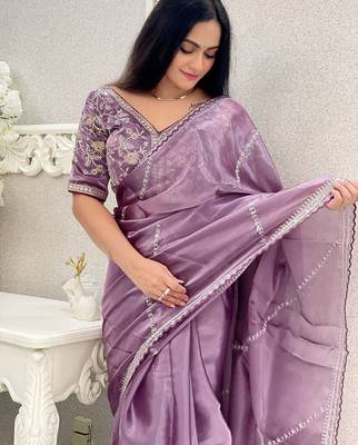 Purple purple striped embroidered organza saree 4