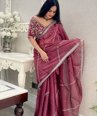 Rust floral embroidered organza saree 1