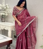 Rust floral embroidered organza saree