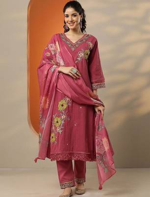 women floral embroidered regular thread work kurta with trousers & with dupatta 1