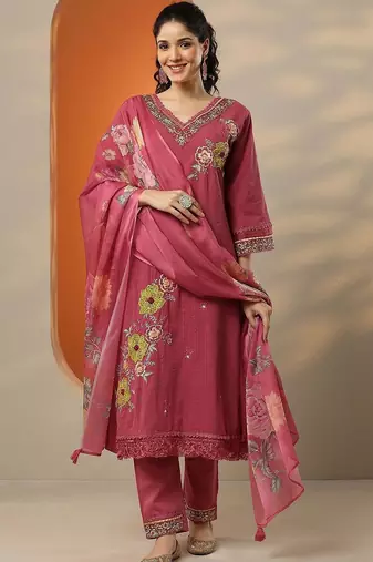 women floral embroidered regular thread work kurta with trousers & with dupatta