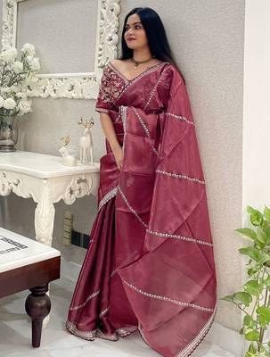 Rust floral embroidered organza saree 2