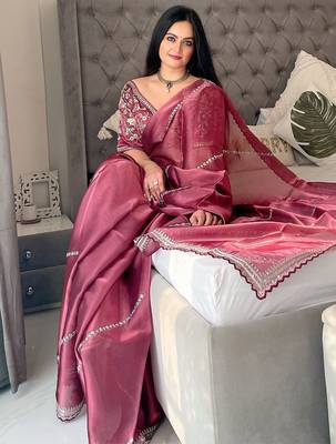 Rust floral embroidered organza saree 3
