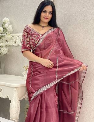 Rust floral embroidered organza saree 4