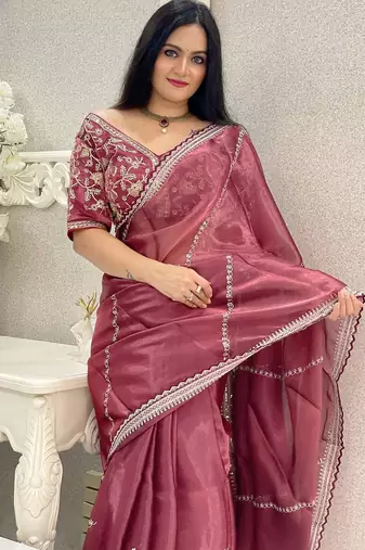 Rust floral embroidered organza saree