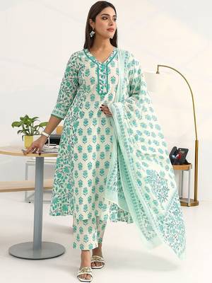 women floral printed regular cotton blend kurta with trousers & with dupatta 1