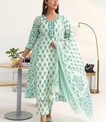 women floral printed regular cotton blend kurta with trousers & with dupatta