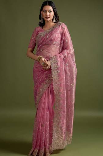 Pink pink net  sarees with blouse