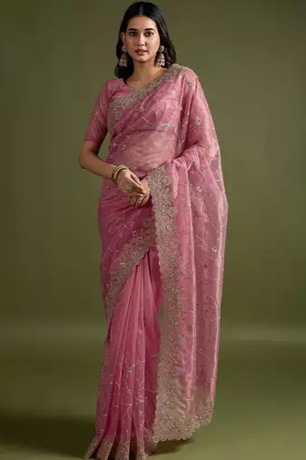 Pink pink net  sarees with blouse