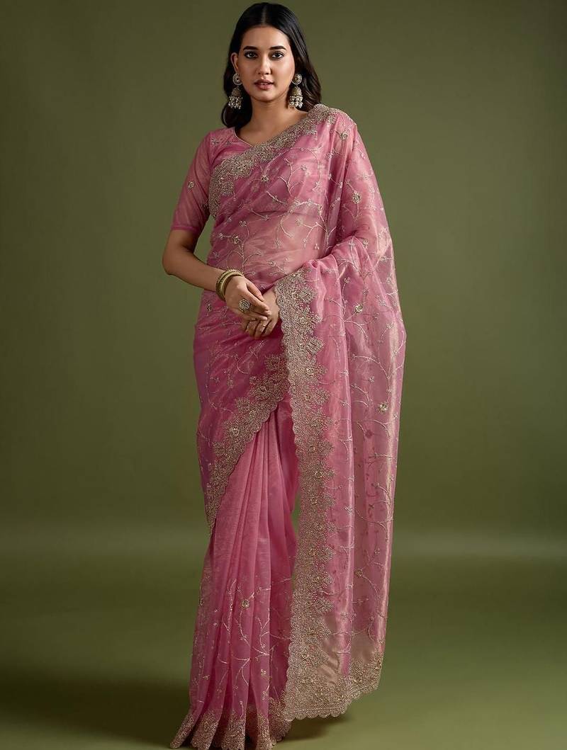 Pink pink net  sarees with blouse