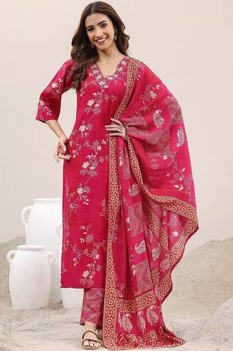 women floral printed regular thread work kurta with trousers & with dupatta
