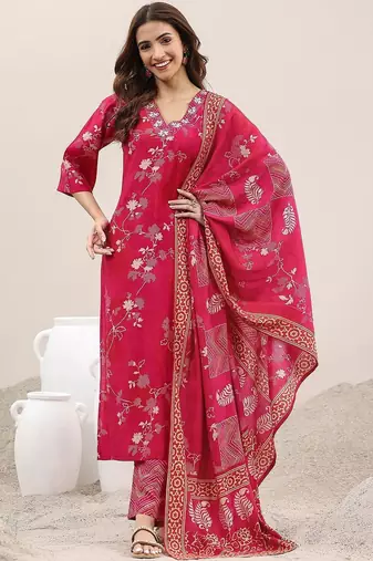 women floral printed regular thread work kurta with trousers & with dupatta