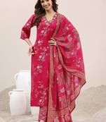 women floral printed regular thread work kurta with trousers & with dupatta
