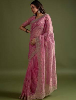 Pink pink net  sarees with blouse 2