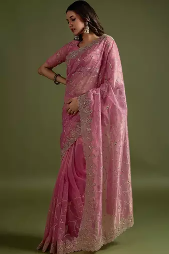 Pink pink net  sarees with blouse