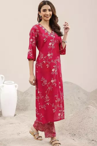 women floral printed regular thread work kurta with trousers & with dupatta