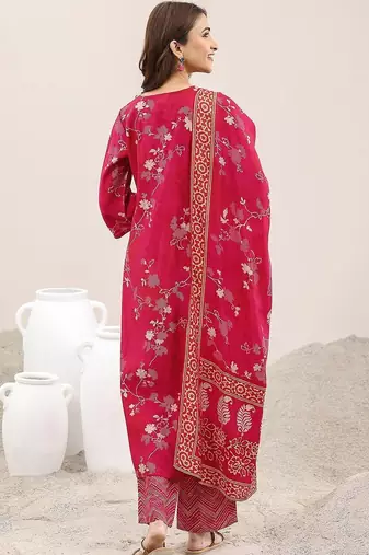 women floral printed regular thread work kurta with trousers & with dupatta