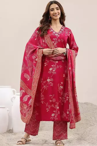 women floral printed regular thread work kurta with trousers & with dupatta