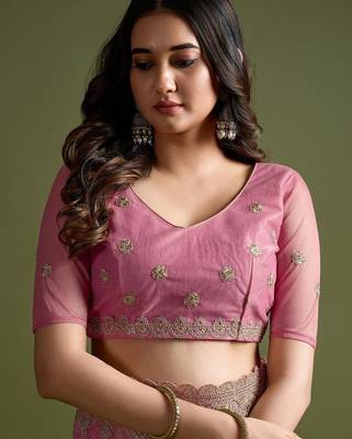 Pink pink net  sarees with blouse 3