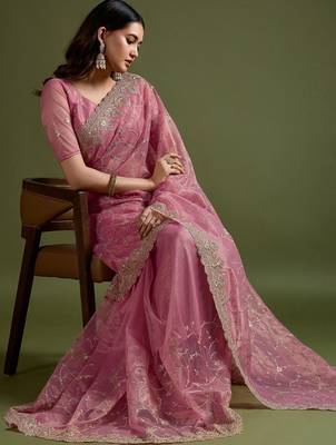Pink pink net  sarees with blouse 4