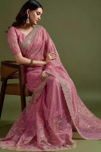 Pink pink net  sarees with blouse