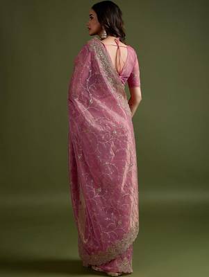 Pink pink net  sarees with blouse 5