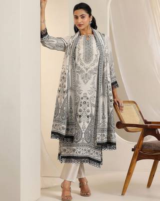 floral printed keyhole neck straight kurta with trousers & dupatta 1