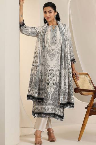 floral printed keyhole neck straight kurta with trousers & dupatta