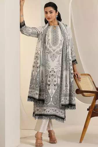 floral printed keyhole neck straight kurta with trousers & dupatta