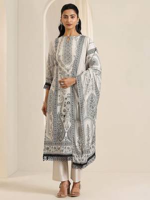 floral printed keyhole neck straight kurta with trousers & dupatta 2