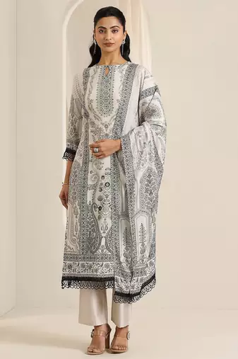 floral printed keyhole neck straight kurta with trousers & dupatta