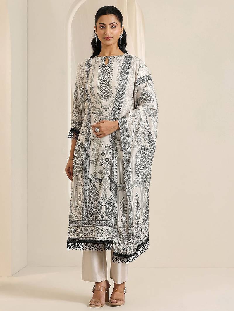 floral printed keyhole neck straight kurta with trousers & dupatta