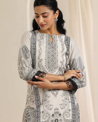 floral printed keyhole neck straight kurta with trousers & dupatta 3