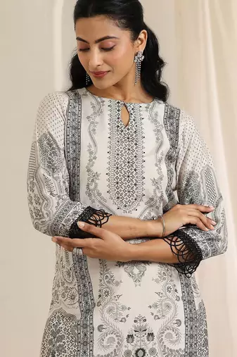 floral printed keyhole neck straight kurta with trousers & dupatta
