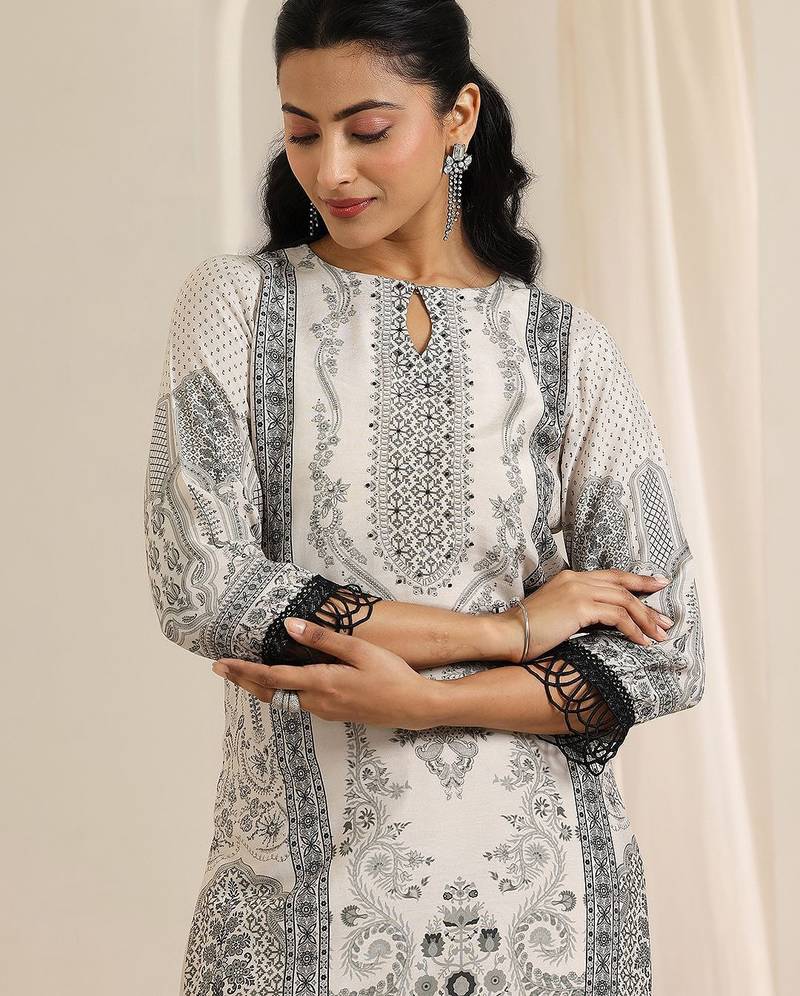 floral printed keyhole neck straight kurta with trousers & dupatta