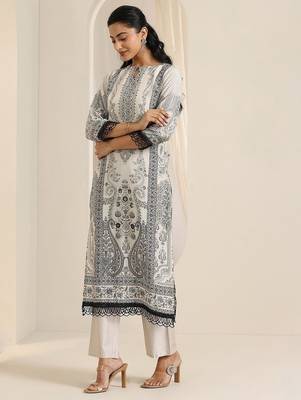 floral printed keyhole neck straight kurta with trousers & dupatta 4