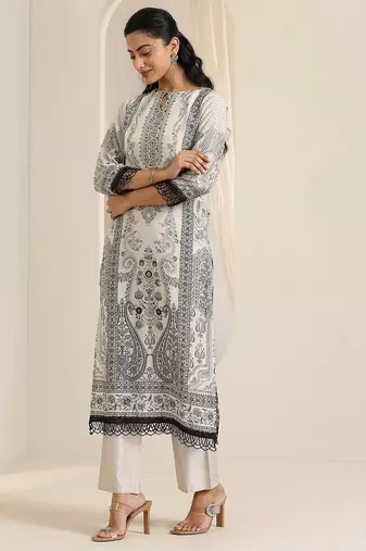floral printed keyhole neck straight kurta with trousers & dupatta
