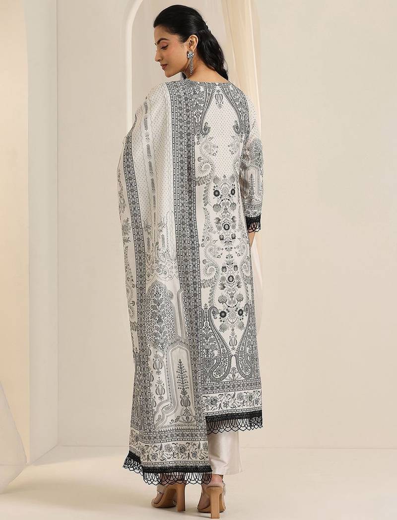 floral printed keyhole neck straight kurta with trousers & dupatta