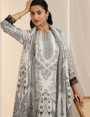 floral printed keyhole neck straight kurta with trousers & dupatta 6