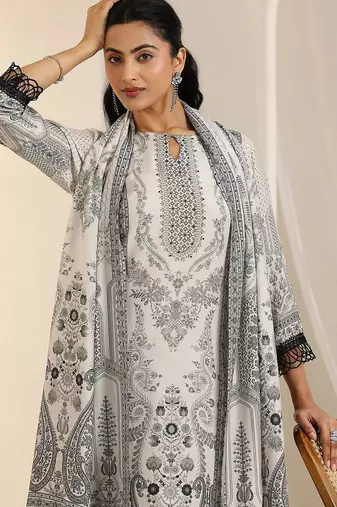 floral printed keyhole neck straight kurta with trousers & dupatta