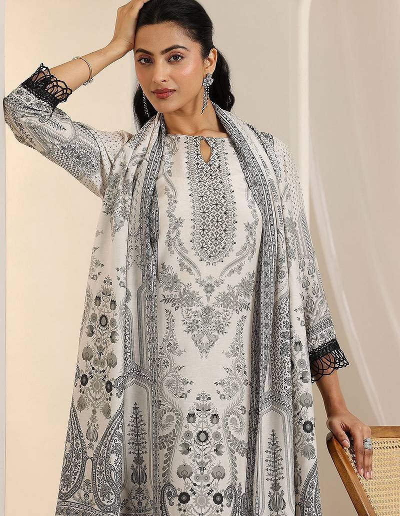 floral printed keyhole neck straight kurta with trousers & dupatta