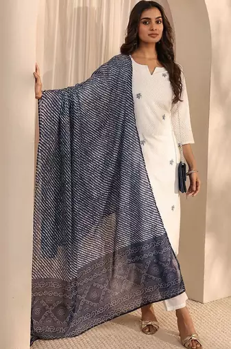 embroidered notch neck thread work straight kurta with trousers & dupatta