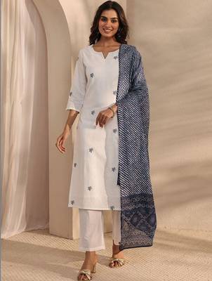 embroidered notch neck thread work straight kurta with trousers & dupatta 2