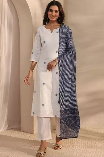 embroidered notch neck thread work straight kurta with trousers & dupatta