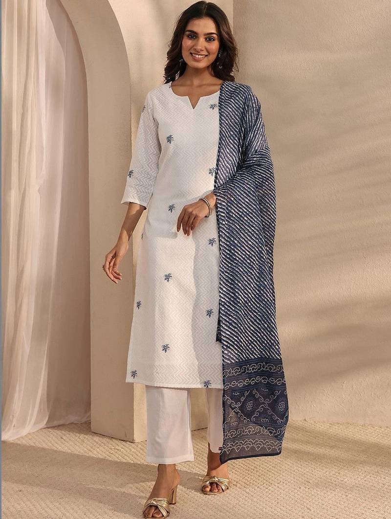 embroidered notch neck thread work straight kurta with trousers & dupatta