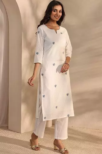 embroidered notch neck thread work straight kurta with trousers & dupatta