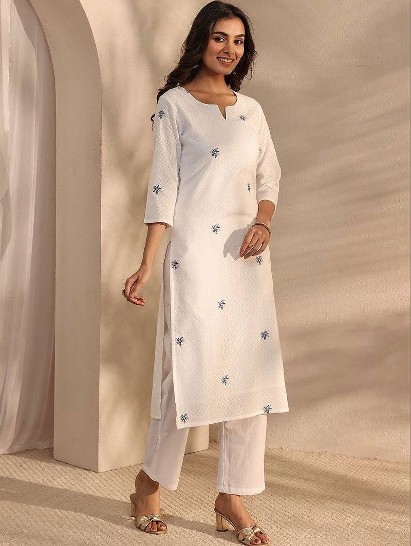 embroidered notch neck thread work straight kurta with trousers & dupatta