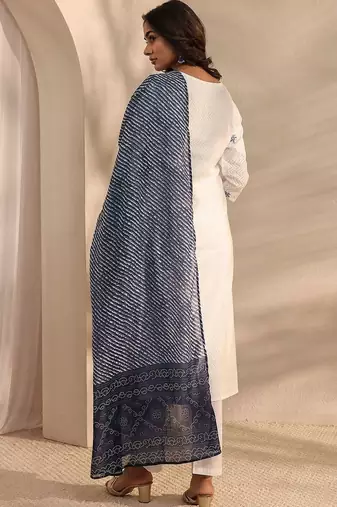 embroidered notch neck thread work straight kurta with trousers & dupatta