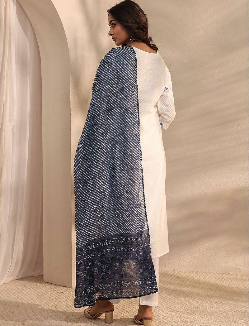 embroidered notch neck thread work straight kurta with trousers & dupatta