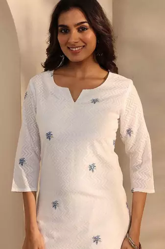 embroidered notch neck thread work straight kurta with trousers & dupatta